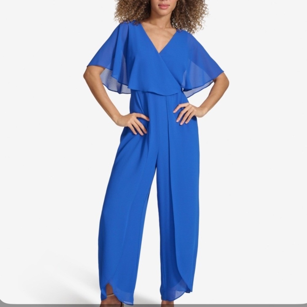 Kensie Jumpsuit Women 6 New Cobalt Blue Chiffon Overlay Flutter Sleeve